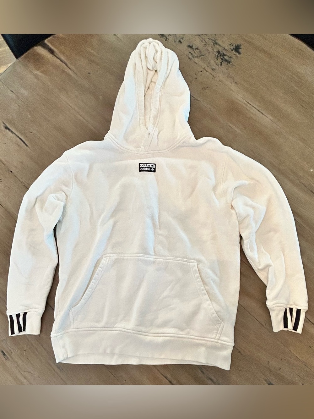 adidas White Hoodie with Black Logo and Cuff Stripes